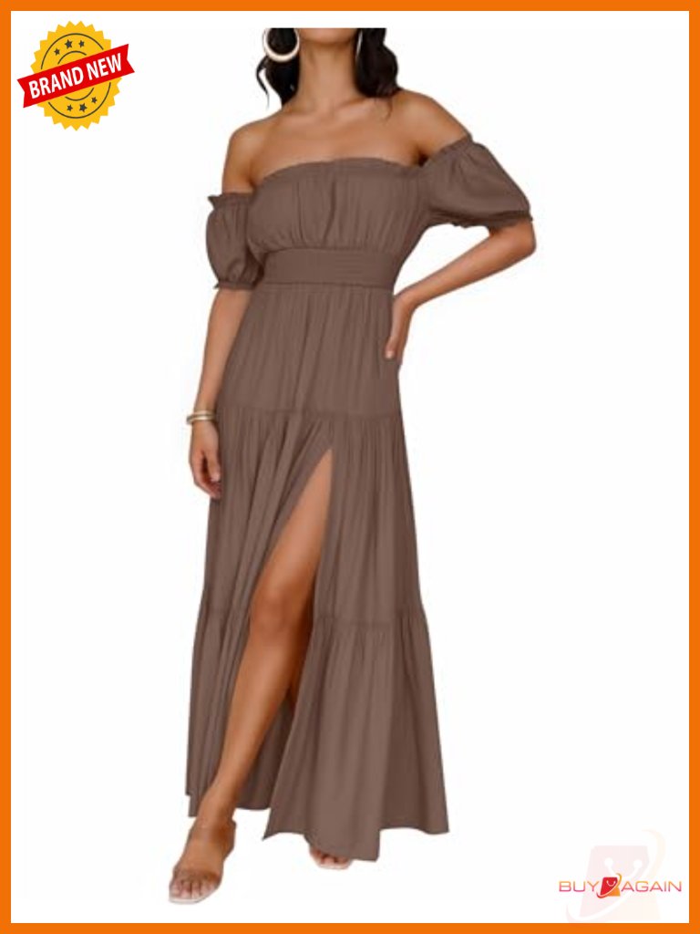 Boho Off Shoulder Square Neck Puff Sleeve Maxi Dress With Pockets